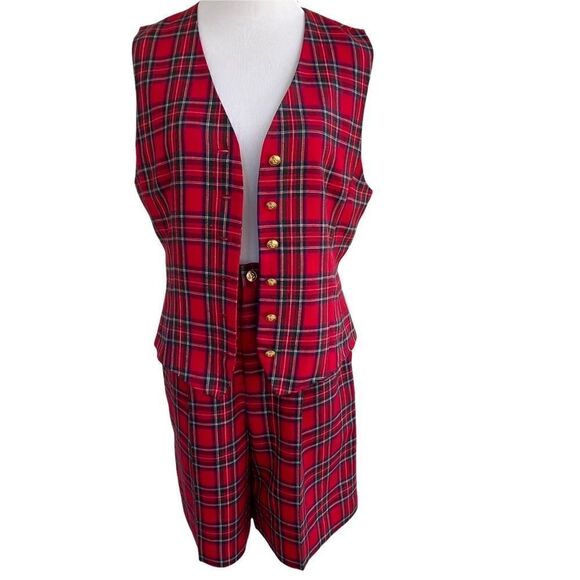Vintage 80’s David Brooks Red Plaid Two Piece Shorts & Vest Set 8 - Picture 2 of 11